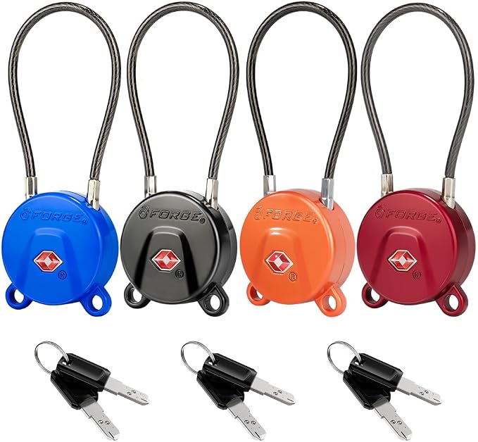 Forge TSA Approved Luggage Locks Ultra-Secure Dimple Key Travel Cable Locks with Zinc Alloy Body- 4 Locks, Black, Blue, red, Green. by Forge