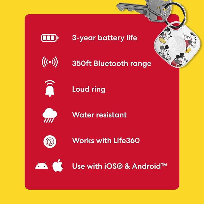 Life360 Tile - Mickey Mouse - Bluetooth Tracker, Keys Finder and Item Locator for Keys, Bags and More. Phone Finder. Both iOS and Android Compatible. 1-Pack (White) - Image 5