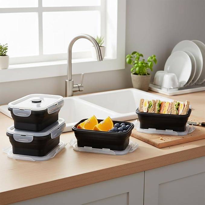 Collapsible Silicone Food Storage Containers Set with Lid & Air Vent,Foldable Lunch Containers(4PCS,Black,17oz) - Image 5