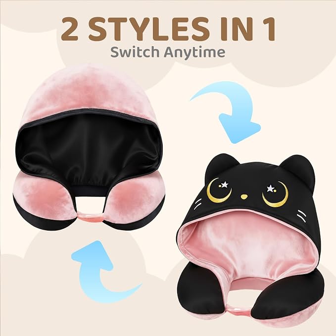 Mewaii Travel Neck Pillow, Airplane Pillow with Hood, Memory Foam, Pink | Neck Support, Reversible, Adjustable Strap, Washable Cover, Cat-Ear Hood, Storage Bag, for Flights, Adults & Teens - Image 6