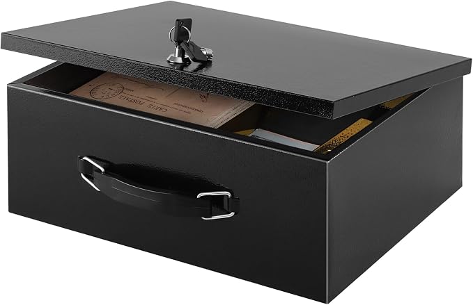 xydled Fireproof Document Box with Key Lock, Fire Safe Box, Black | Fire and water resistant lock box for documents, passports, cash and valuables, keeping secure at home, 13.2 x 11 x 4 Inch by xydled