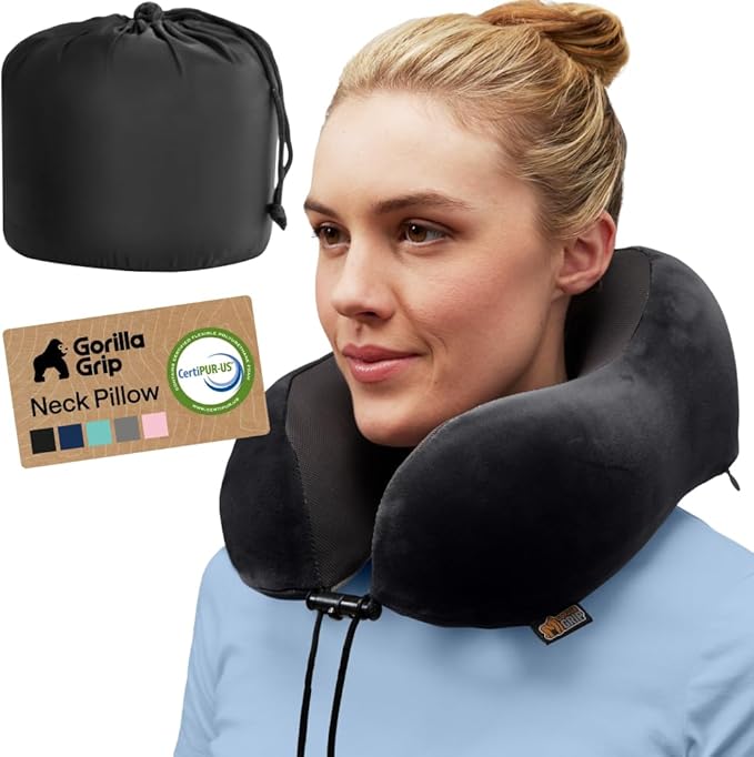 GORILLA GRIP Travel Neck Pillow for Airplanes, CertiPUR-US® Memory Foam Cooling Mesh Pillows, Soft Velvet Washable Cover, Support Headrest for Sleeping, Traveling Essentials Flight Accessories, Black by Unknown