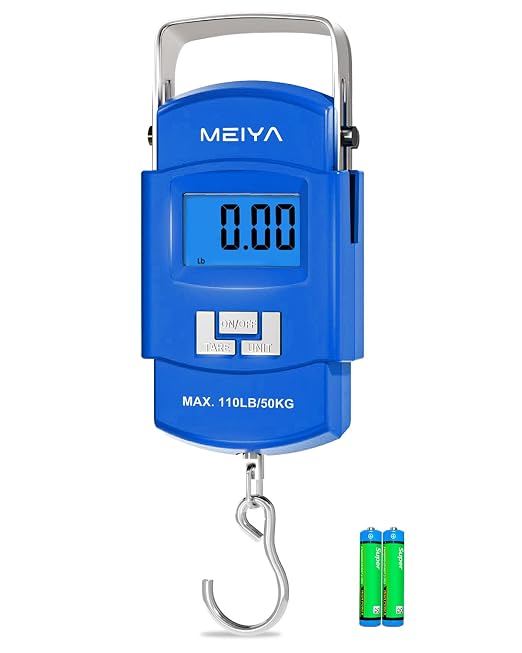 MEIYA Fish Scale 110lb Portable Luggage Scale Travel Digital Hanging Scale with Hook, Fishing Gifts for Men, Weighing Tool for Suitcases & Fish, Includes 2 AAA Batteries, Backlit LCD Display (Blue) by MEIYA