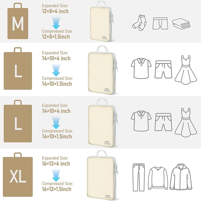 4 Set Compression Packing Cubes, Suitcase Organizer, Lightweight Travel Essentials, Compression Bags For Travel Accessories Luggage Storage Set (4 Pcs, Beige) - Image 2