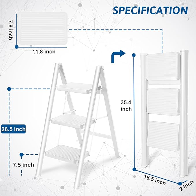 Double Elite Step Ladder 3 Step Folding, Sturdy 330 Lbs Load Step Stool for Adults, Safer Full Steel Kitchen Closet Ladder for Home, Multi-use Small Step Stool Ladder with Anti-Slip Wide Pedals, White - Image 5