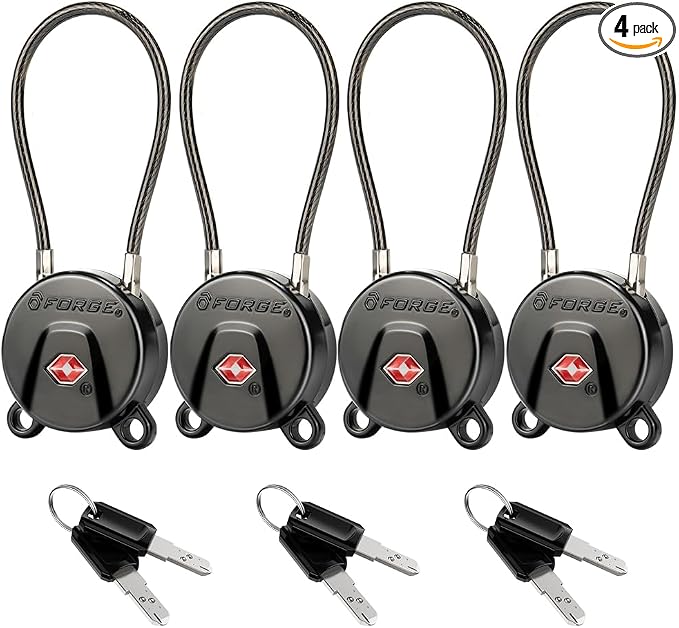 FORGE TSA Approved Luggage Locks Keyed Alike, TSA006 Dimple Key Cable Locks for Luggage, All Metal Zinc Alloy Travel Padlock for Luggage, Suitcase, Backpack, Gym Bags & Toolbox, Black 4 Cable Locks by Forge