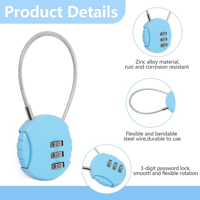 8 Pack 3 Digit Combination Cable Padlock,Multi Color | Resettable for Gym Locker Luggage Backpack, Waterproof Outdoor Security, Small Combo Lock for Travel School Storage - Image 3