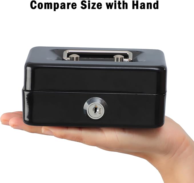 xydled Mini Cash Box with Lock, Removable Coin Tray, Steel Money Box, Black | Steel Cash Box with Key Lock, Removable Tray & Carry Handle, for Office, Retail, Home, and Money Storage, 4.9" x 3.7" x 2.4" - Image 3