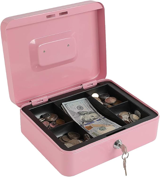 xydled Large Cash Box with Lock, Removable Coin Tray, Steel Money Box, Pink | Steel Cash Box with Key Lock, Removable Tray & Carry Handle, for Office, Retail, Home, and Money Storage, 9.8"x 7.8"x 3.5" by xydled