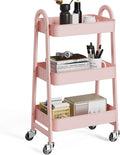 OLIXIS Metal 3 Tiers Rolling Storage Utility Cart with Lockable Wheels | Mobile Organizer Shelf, Space-Saving, Freestanding, Bathroom, Living Room, Slim, Narrow Corner Spaces, Pink by OLIXIS