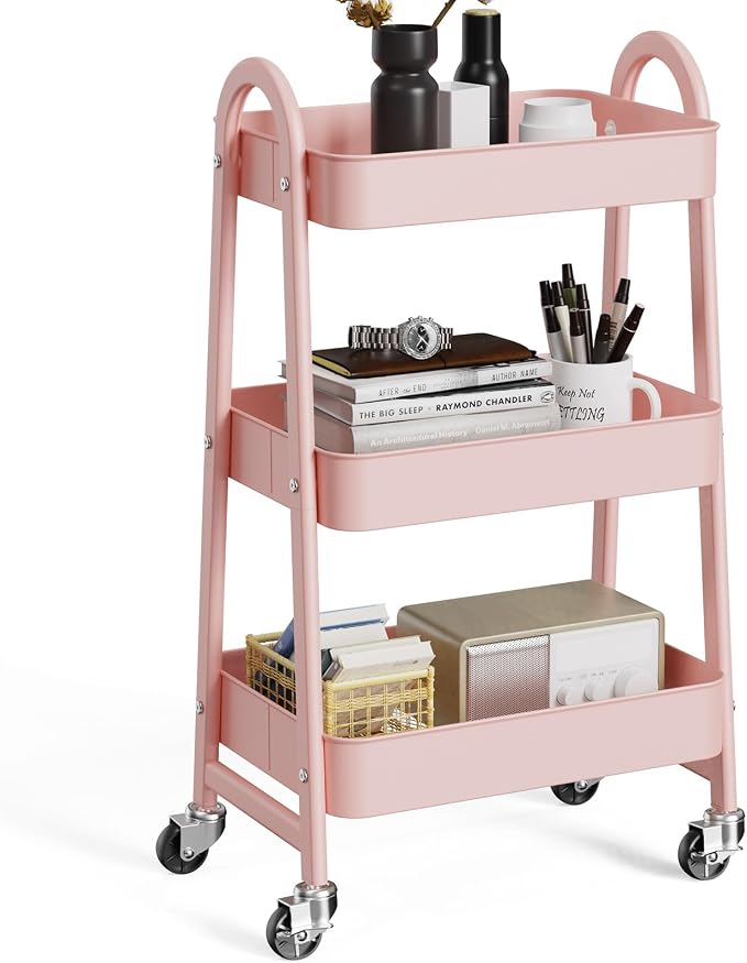 OLIXIS Metal 3 Tiers Rolling Storage Utility Cart with Lockable Wheels | Mobile Organizer Shelf, Space-Saving, Freestanding, Bathroom, Living Room, Slim, Narrow Corner Spaces, Pink by OLIXIS