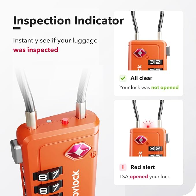 TSA Approved Luggage Locks, Travel Locks with Inspection Indicator | TSA008, Easy to Read Dials, 4 Digit Combination, Flexible Steel Cable, for Suitcases, Backpacks, Bags, 6-Pack, Orange - Image 5