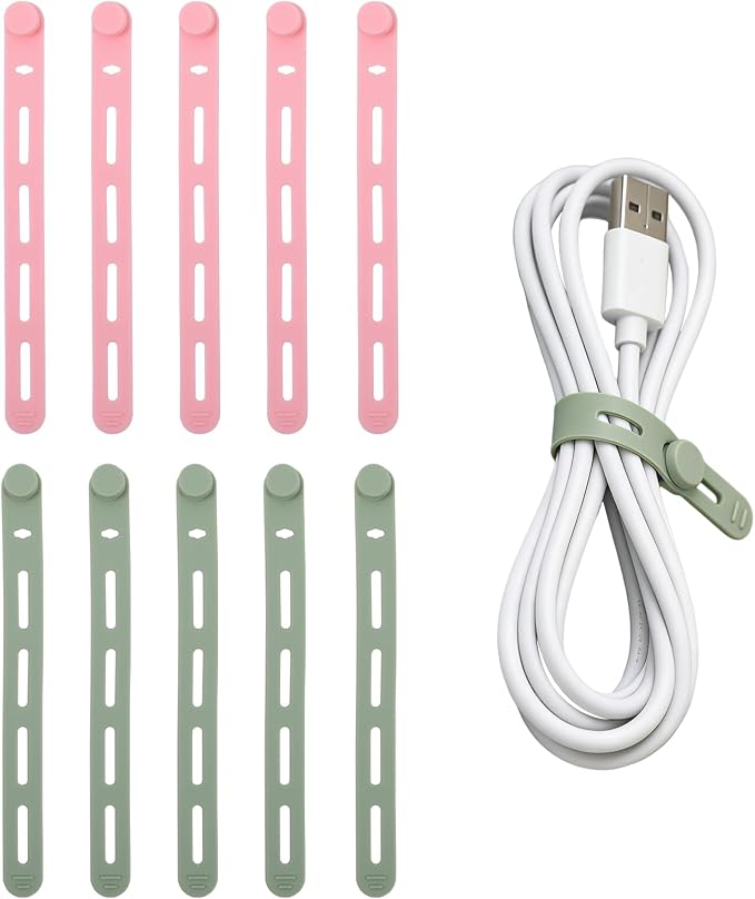 10-Pack Reusable Cable Ties, Silicone Cord Organizer Straps with Lock Buckle, Pink And Green Wire Management for Home, Travel (Pink And Green) by indistar