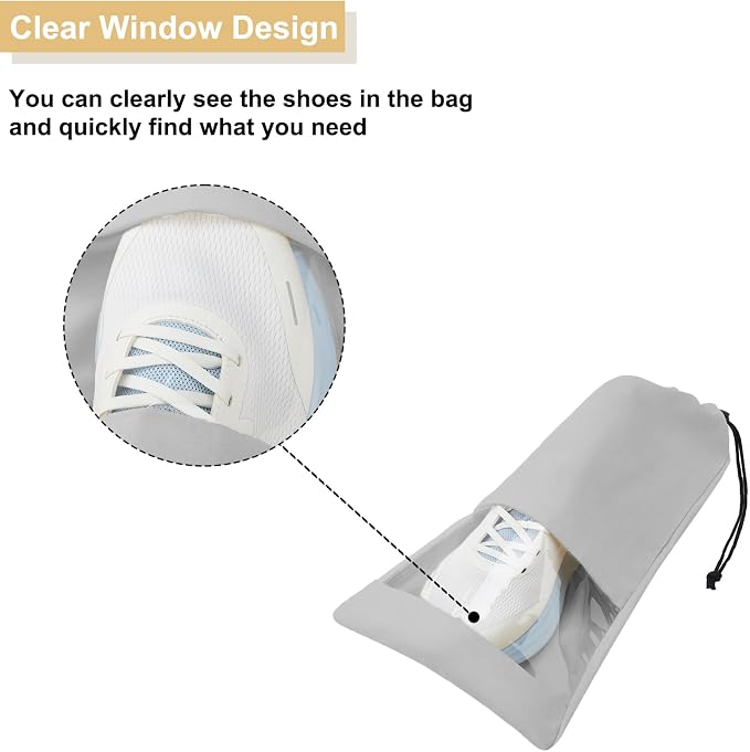 4 Pcs Single Shoe Bags for Travel, Drawstring Shoe Bags with Clear Window | 9.1"x17.7" Fits Most Shoes, Dust Resistant, Washable & Reusable, Travel Shoe Storage Bags for Men & Women - Image 2