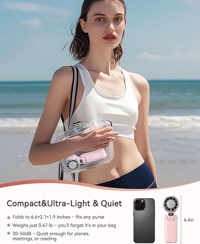 Portable Fan, Handheld Fan, Small Fan with Turbo & Ice Cooling, Hand Fan 5-Speed 4000mAh Rechargeable, 3-in-1 Foldable Personal Travel Fan, Lightweight for Beach Vacation, for Women Girl-Pink - Image 7