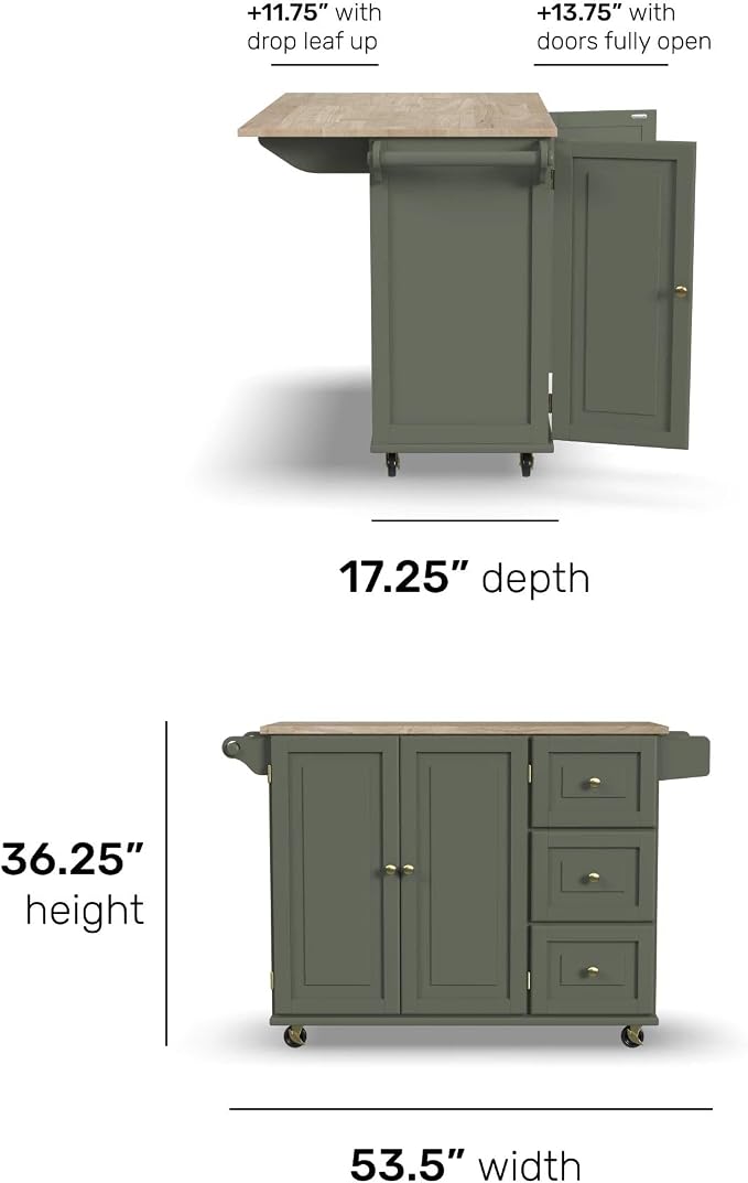Homestyles Mobile Kitchen Island Cart with Wood Top and Dropleaf Breakfast Bar, 18" D x 53.5" W x 36" H, Green - Image 7