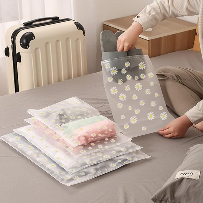 30PCS Travel Storage Bags for Clothes, Clear Plastic Ziplock Bags, 5 Size | Daisy Pattern, Reusable Zipper Pouches, Waterproof Resealable Clothing Zipper Bags, Luggage Organizer, Shoes Cosmetics Use - Image 4