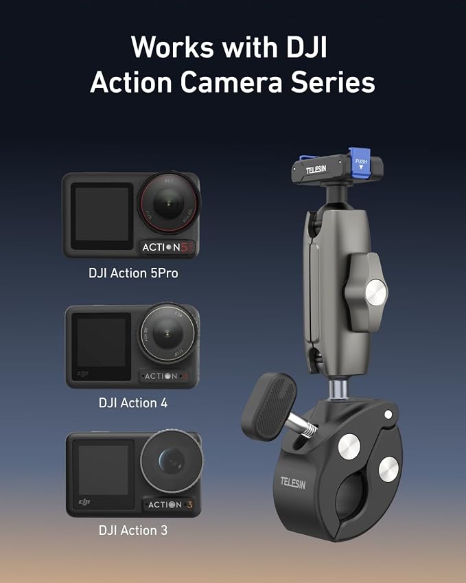 TELESIN Super Clamp Mount | Bike Mount for DJI Osmo Pocket 4 3 /DJI Osmo Action 6/Action 5 Pro/Action 4| Dual-Lock Magnetic Clips | 360°Rotation Ball Head | Fits 9-38mm Handlebar for Bike/Motorcycle - Image 5