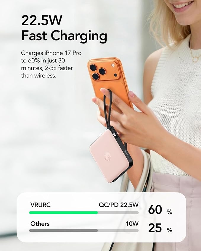 VRURC Portable Charger for iPhone Built-in Cables, 22.5W USB C Fast Charging 10000mAh Pocket Power Bank, Battery Pack for iPhone 17/16/15 & Samsung Galaxy Android Phone, Pink(1 Pack) - Image 3