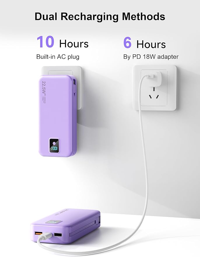 Portable Charger 20000mAh 22.5W w/Built-in Cable & Wall Plug Purple | High capacity, Fast charging, Built-in cables & wall plug, LED display, Charge 5 devices at once, Pass through, TSA approved - Image 8