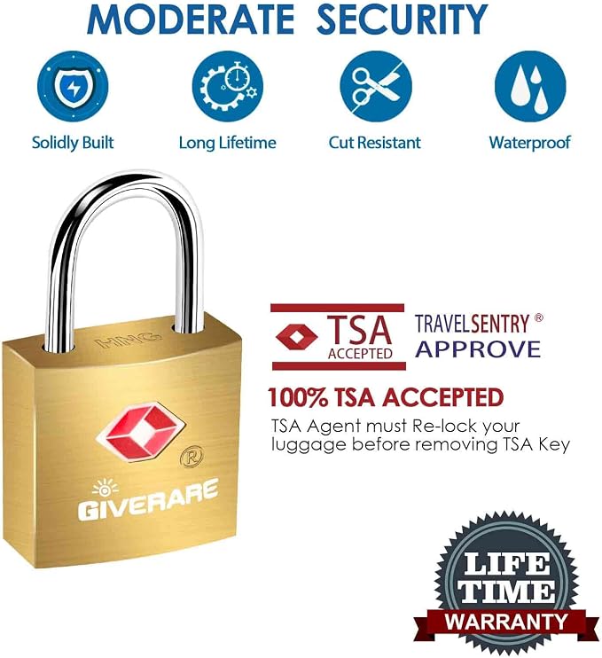 4 Pack TSA Approved Travel Luggage Locks with Keys, Solid Brass Copper Keyed Padlock, Small Locks for Suitcase, Backpack, Gym Locker, Jewelry Box, Gold-by GIVERARE - Image 5