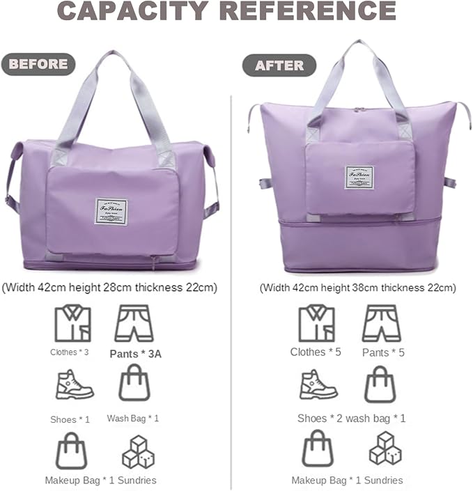 Large Capacity Folding Travel Bag, Lightweight Waterproof Luggage Bag, Expandable Travel Duffel Bag, Dry Wet Separated Gym Tote Bag, Weekender Overnight Bags for Women and Man (Light Purple) - Image 7