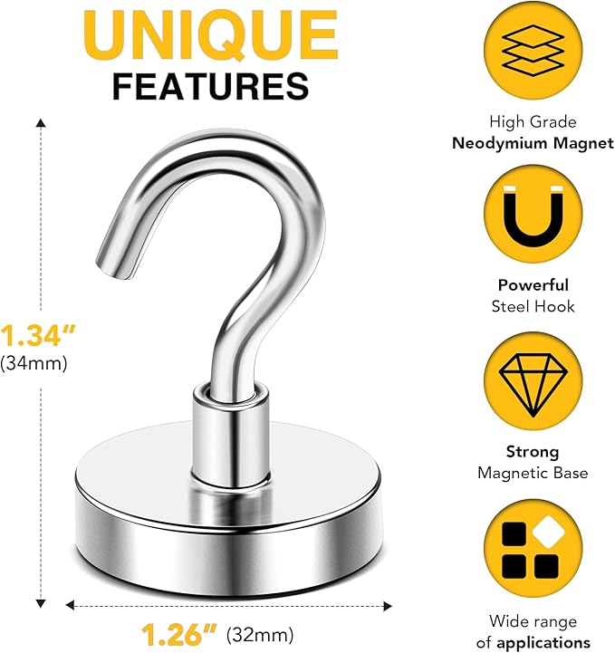 DIYMAG Magnetic Hooks 20pcs 120lbs Cruise Essentials 2026 Magnet Hook | Neodymium Heavy Duty Strong Magnets Hanging Ship Cabins Refrigerator Fridge Classroom Beach Vacation Kitchen Grills Home Tool - Image 3