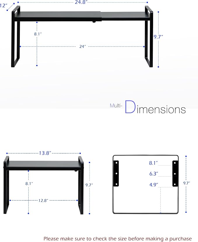 Nxconsu Cabinet Shelf Riser, Adjustable Cabinet Organizer, 12" Deep Black | Heavy-Duty Metal Expandable Shelf Holds 50 lb with 3 Height Levels for Kitchen Cabinet Cupboard Pantry Dish Mug - Image 3