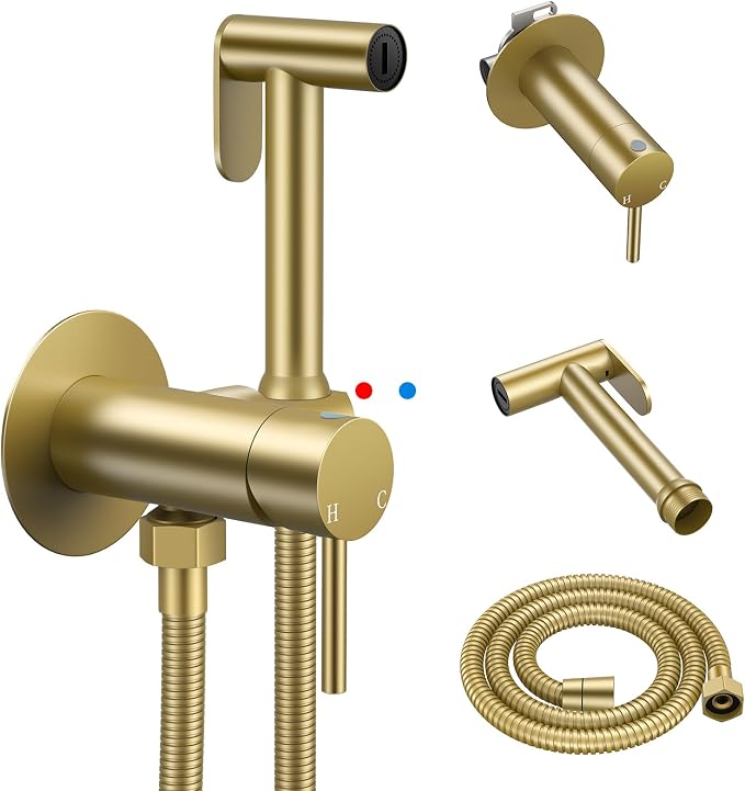 Arofa Built-in Hot and Cold Bidet Sprayer, Warm Water Bidet, Brushed Gold | Wall-Mounted Design, Dual Control Modes, Leak-Free Bidet Hose, Feminine/Baby/Pet Wash, Cloth Clean & Rinse, Stainless Steel by AROFA