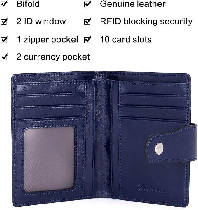 BOSTANTEN Leather Womens Wallet Small RFID Blocking Credit Card Holder | Removable ID Window, Zipper Coin Pocket, Bifold, Minimalist, Fits Small Purses, Daily Use, Ladies Gifts, Navy Blue - Image 5