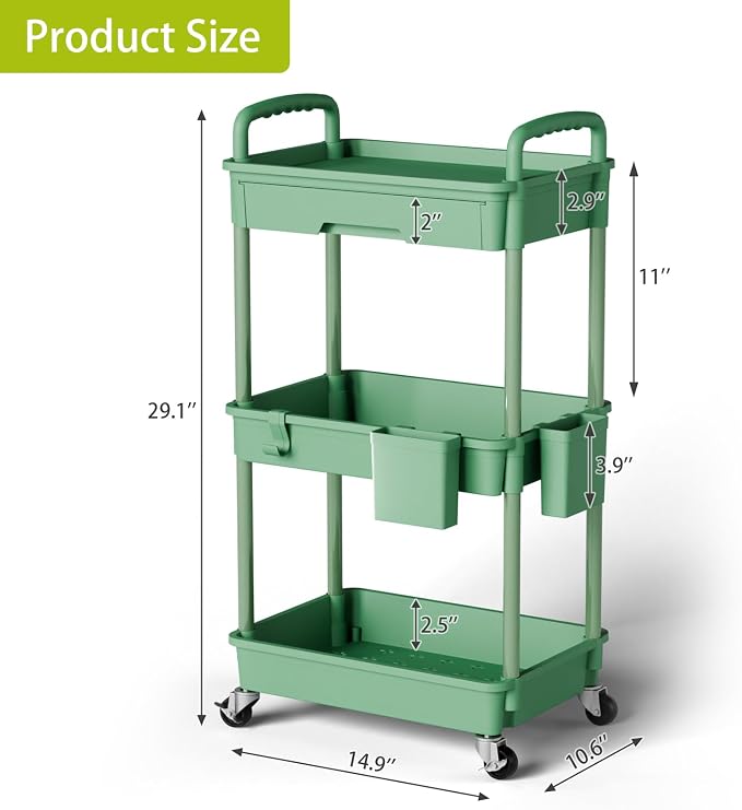 Sorgion 3 Tier Rolling Cart Organizer,Laundry Room Bathroom Organizers and Storage Office Shelves Mobile Shelving Unit Kitchen Trolley Cart with Wheels for Art,Craft,Diaper,Bedside,Snack(Green) - Image 3