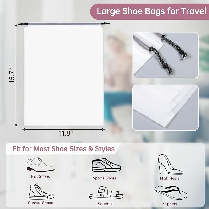20 Pack Shoe Bags for Travel, 11.8" x 15.7" Waterproof Travel Shoe Bags for Packing, Large Clear Shoe Organizers Pouch with Rope, Portable Drawstring Shoes Storage Bag for Men & Women - Image 2