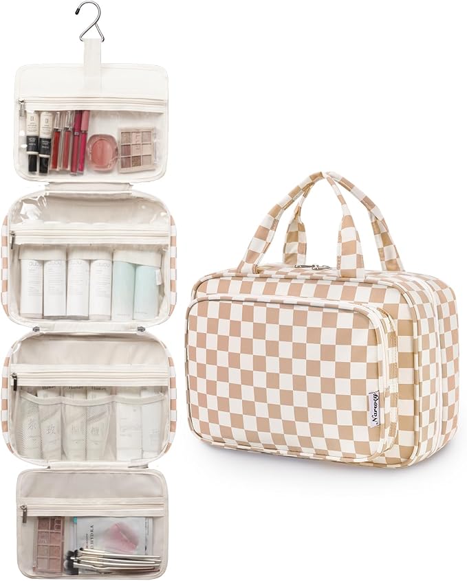 Narwey Travel Toiletry Bag for Women Large Hanging Makeup Bag Organizer Toiletries Bag for Full Size Essentials Accessories Cosmetics (Light Checkerboard (Large)) - Image 4