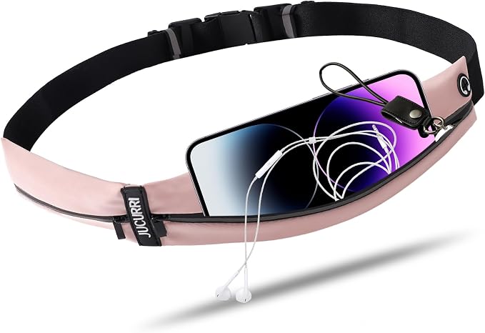 Slim Running Belt for Women and Men, Waterproof Phone Holder for Running, Reflective 2-Pocket Waist Pack for Storing Runner’s Essentials Safely, Runner’s Fanny Pack, Money Belt Fits Most Phones (Pink) by Unknown