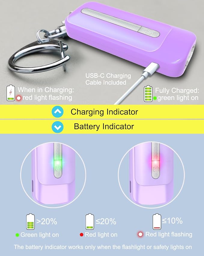 Personal Alarm for Women, Rechargeable with Safety Lights & Low Battery Notice, 130dB Siren with Extra Bright LED Flashlight Strobe Light for Emergency, Dual Light Sources Safety Keychain - Image 7