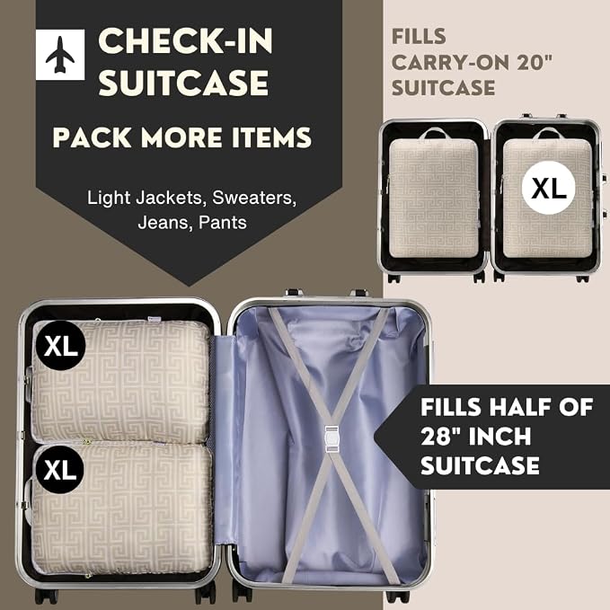 Extra Large Compression Packing Cubes for Checked Luggage, Lightweight Suitcase Organizers & Space Saver Bags - Travel Cubes for Packing - Travel Essentials - 2 Piece Set, X-Large - Beige Boho - Image 3