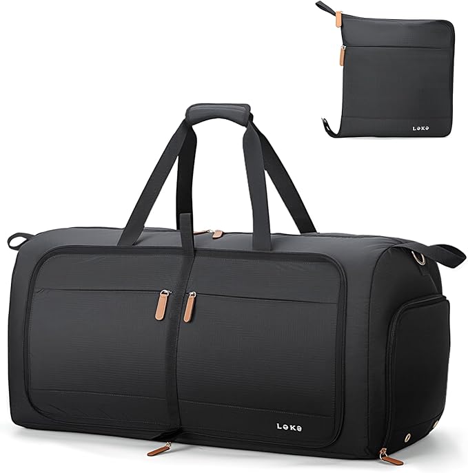Lekesky Foldable Travel Duffle Bag for Women, 80L Large Duffel Bag with Separate Shoes Compartments & Straps, Carry On Weekend Bag for Women, Hospital, Overnight (Black) by LEKESKY
