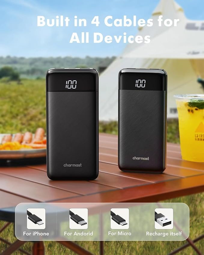 charmast Portable Charger Power Bank with Reinforced Built-in 4 Cables | 10000mAh,6 Outputs 3 Inputs,Travel Essentials,Carry-on Only,3A Fast Charging Portable Phone Charger for iPhone Samsung Pixel - Image 3