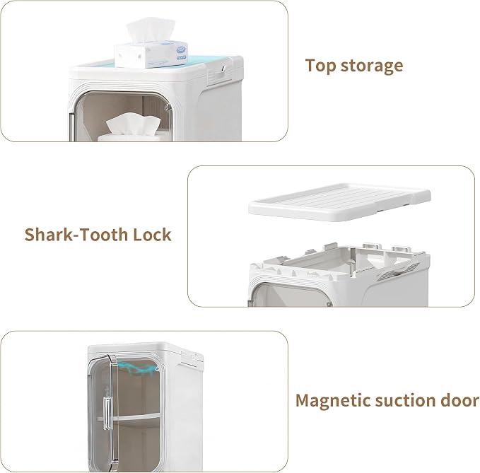 4-Tier Narrow Storage Cabinet Slim Bathroom Tall Skinny Organizer,White | Foldable Storage Cabinet with Lockable Rolling Wheels Magnetic Clear Door Adjustable Detachable Shelves For Narrow Space - Image 7