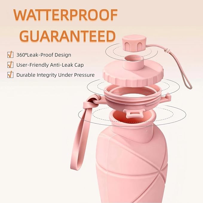 Collapsible Water Bottles 20oz (600ml), BPA-Free Silicone Foldable Portable Lightweight Reusable Water Bottle with Leak-Proof Lid & Lanyard for Outdoor Travel Cycling Gym & Camping - Image 2