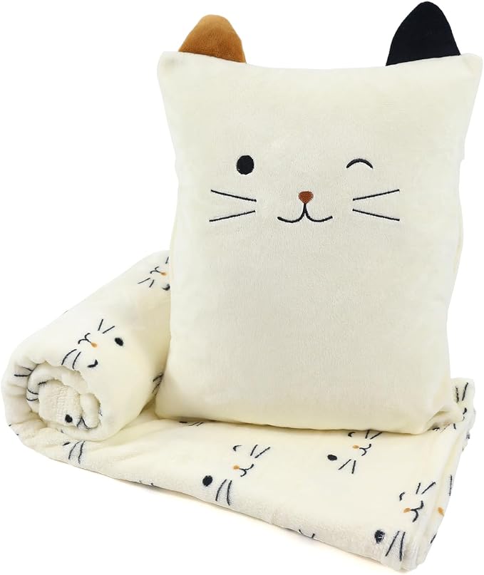 3-in-1 Cat Travel Blanket and Pillow Set for Kids | Soft Snuggle Pillow with Hand Warmer, 40x60 Inch Cute Cat Blanket, Compact for Travel, Camping, Home and Office by VigorSpring
