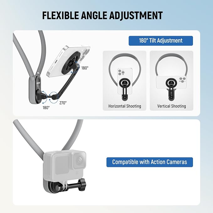 NEEWER Magnetic Neck Holder for Action Camera Phone Hands Free Neck Tripod Chest Mount Compatible with GoPro DJI Insta360 iPhone Android Phone Holder for POV Vlog, Gray, GP16 - Image 5