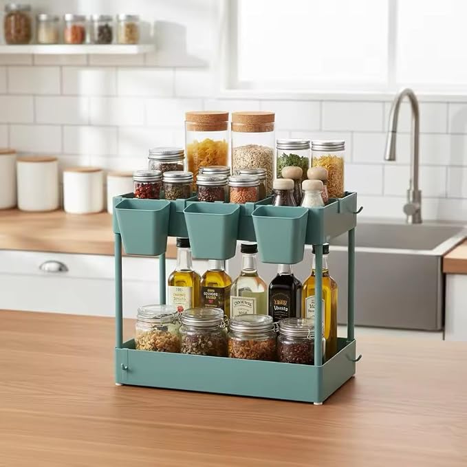 danpinera Storage Cart on Wheels, 3 Tier Bathroom Cart Organizer Slim Laundry Narrow Shelf with Wheels Dividers Hanging Cups Hooks Handle Easy Assembly, Green - Image 3