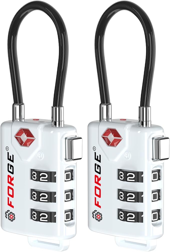 Forge TSA Approved Cable Luggage Locks, Re-settable Combination with Alloy Body(White 2 Locks) by Forge