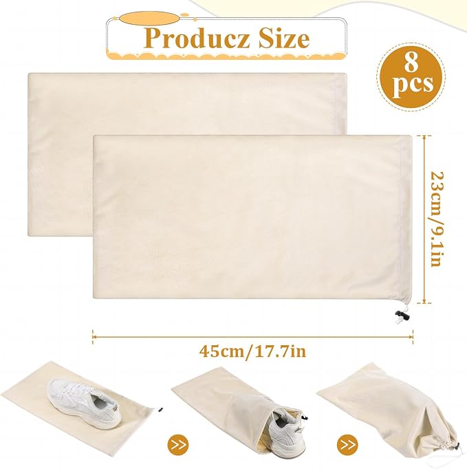 8 PCS Single Shoe Bags for Traveling, 18×9 Inch Travel Shoe Bags Velvet | Fits Size 13 for Packing in Suitcase with Drawstring Shoes Storage Bag Dust-Proof for Underwear, Toy Storage-Beige - Image 2