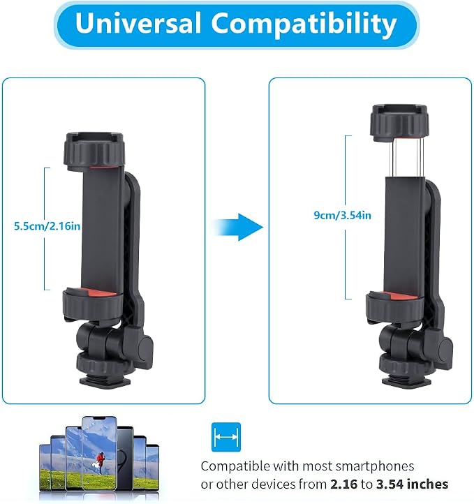 Dual Cold Shoe Phone Mount Holder — Universal Adjustable Smartphone Clamp with Dual Cold Shoe Mounts for Microphone & LED Light, 360° Rotating Ball Head, 1/4"-20 Tripod Screw Compatible - Image 4