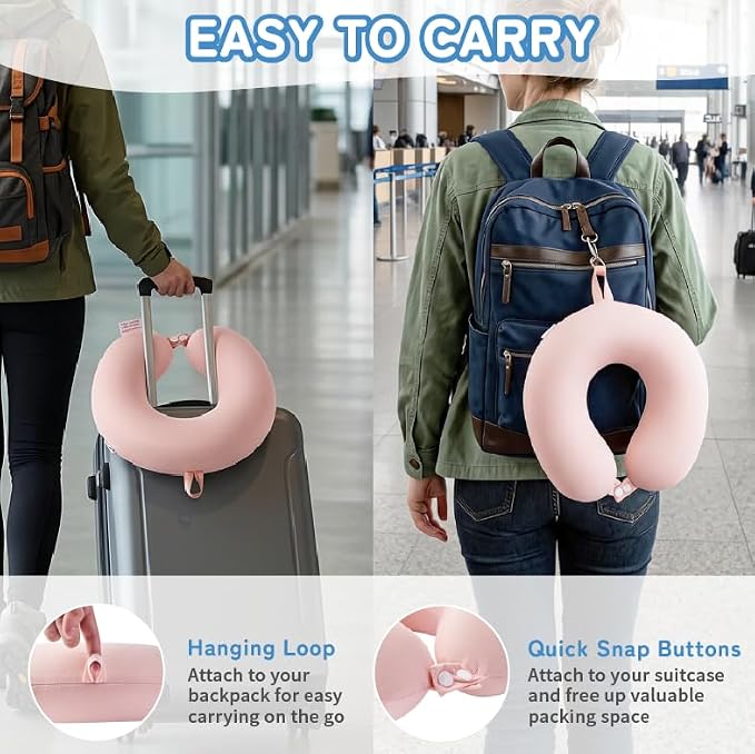 Cooling Travel Neck Pillow, Cool to Touch Memory Foam, Pink | Removable cover, machine washable, 360 degree chin support, slow rebound foam, airplane and car rides, hanging portability - Image 5