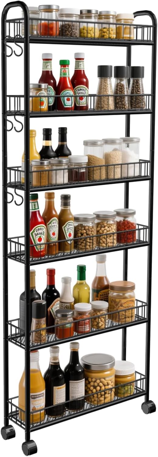 6in 6 Tier Slim Storage Cart with Wheels, Narrow Space Rolling Shelving Unit, Metal Wire Mobile Organizer Rack for Kitchen Bathroom Office Laundry by Seadasyoon