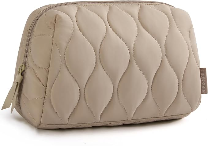 BAGSMART Makeup Bag, Travel Cosmetic Bag, Puffy Padded Make Up Bag for Women, Makeup Organizer Case, Wide-open Pouch Purse, Travel Essentials, Toiletries Accessories Brushes, Camel(Khaki) by BAGSMART