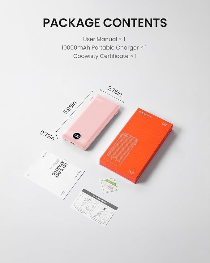 Portable Charger Built-in Cables and Wall Plug, 10000mAh Slim USB C Power Bank, LED Display External Battery Pack Compatible with iPhone/Android & More (Pink) - Image 8